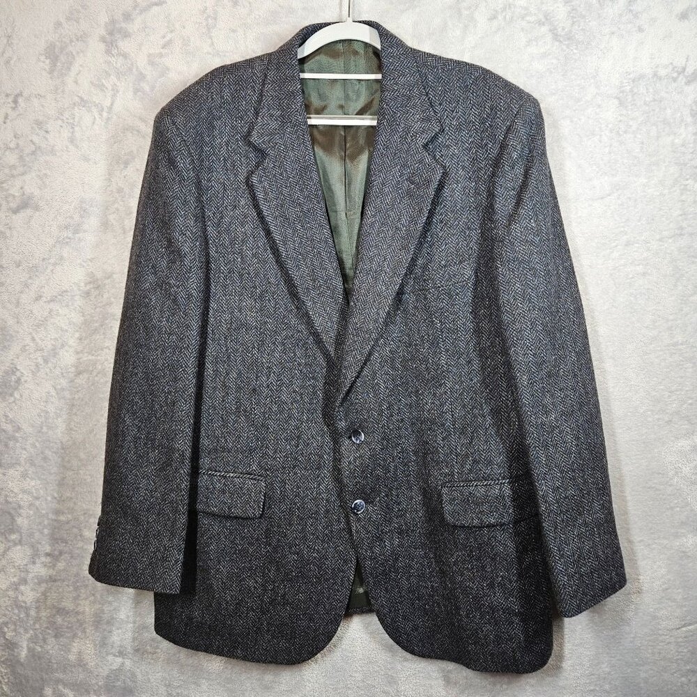 Towncraft Mens 44R Shetland Wool Blazer Charcoal Grey Career Formal Herring Bone